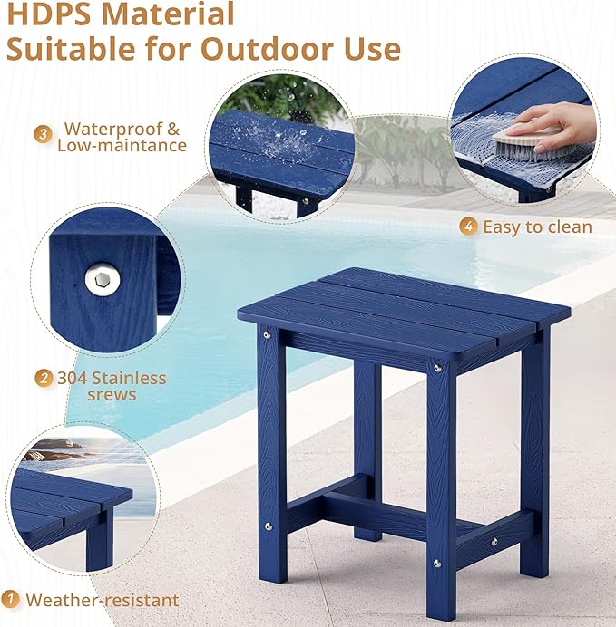 LUE BONA Outdoor Side Table, HDPS Small Outdoor Table, Adirondack Side Table, Outside End Table for Patio, Porch, Deck, Pool, Weather Resistant/Easy Maintenance/Indoor or Outdoor Use, Navy