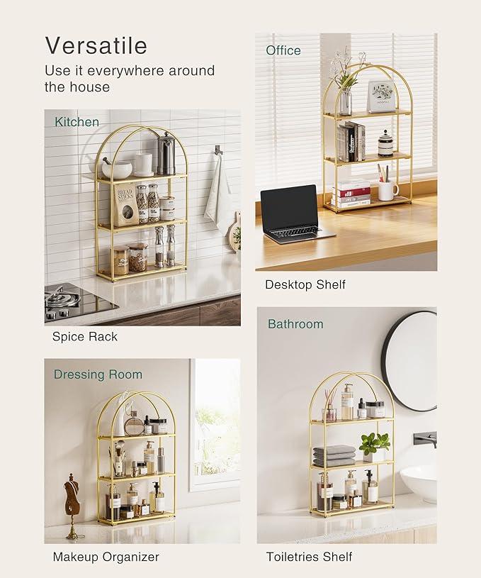 Crofy Gold Arched Frame Wall Shelf, Decorative 3 Tier Bathroom Wall Shelf with Walnut Finish Shelves and Robust Storage Capacity, 6" D x 17.9" W x 28.57" H