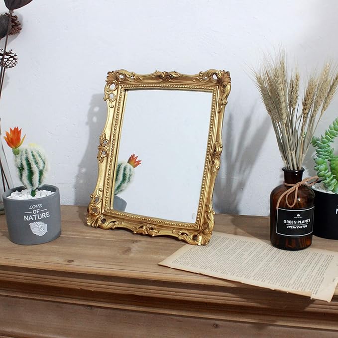 Funerom Vintage 11 x 9.5 inch Decorative Mirror, Wall Mounted & Tabletop Makeup Mirror ,Square Antique Gold