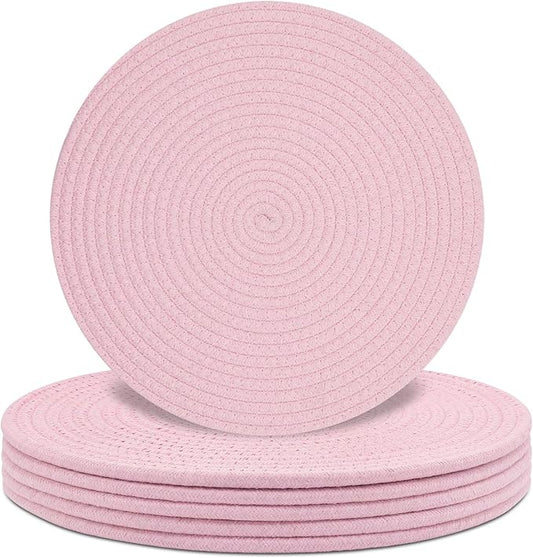 Round Placemats Set of 6, Cotton Rope Woven Table Mats, Hot Pads for Kitchen, Non Slip Heat Resistant Place Mats, 13 Inches Braided Placemat for Farmhouse Decor and Kitchen Table Decor (Pink)