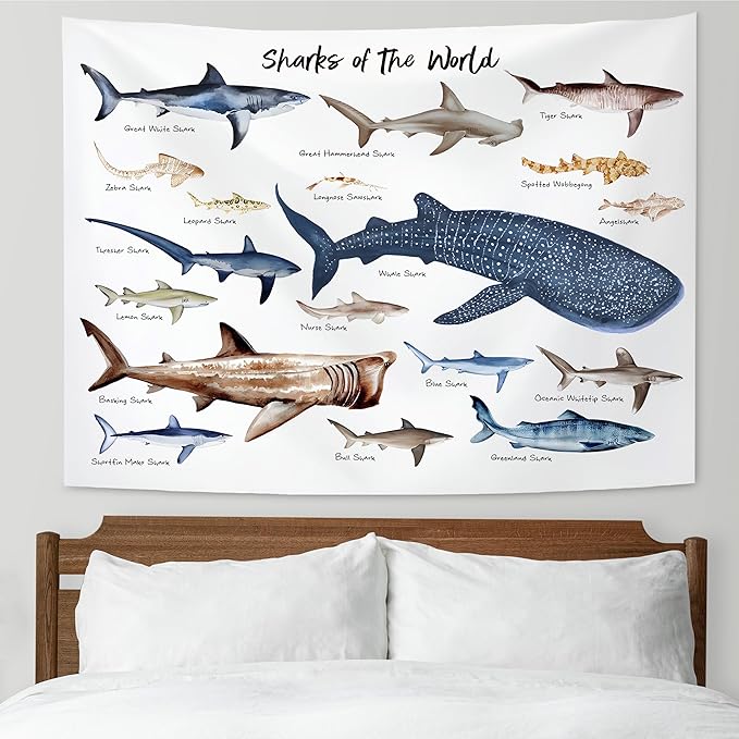 KAIOUS Shark Tapestry, Shark Educational Wall Hanging Tapestries for Kids Girls Boys Room Bedroom Dorm Classroom Nursery Decor 50x58 Inches