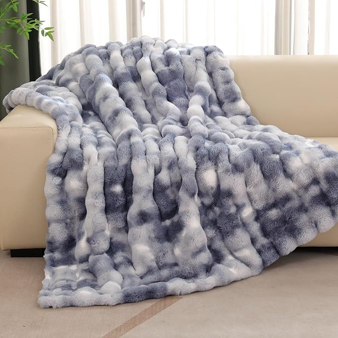 Tie-dye Blue Cozy Faux Fur Throw Blanket for Couch Bed Living Room 60x80 Furry Soft Fluffy Thick Warm Blanket for Winter Home Gifts 860 GSM