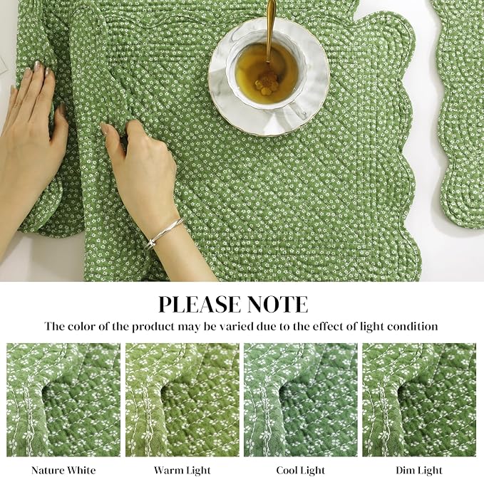 HOMBYS Quilted Placemats Set of 6 Washable-13x18 inches Rectangular Placemats for Kitchen Table-100% Cotton Fabric Rectangular Table Mats, (Green & Withe)