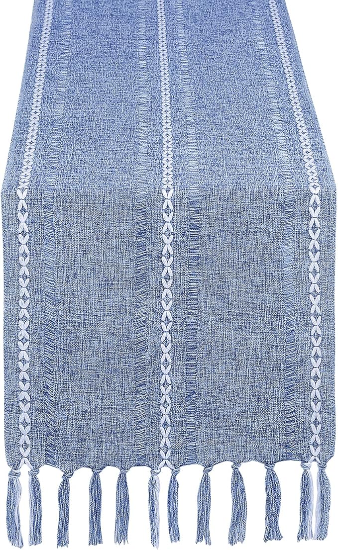 Rustic Farmhouse Style Linen Table Runner, Boho Handmade Tassel Hemstitched Embroidered Small Table Runners 48 Inches Long for Holiday Party, Dresser and Dining Decorations, 13 x 48 inch - Blue