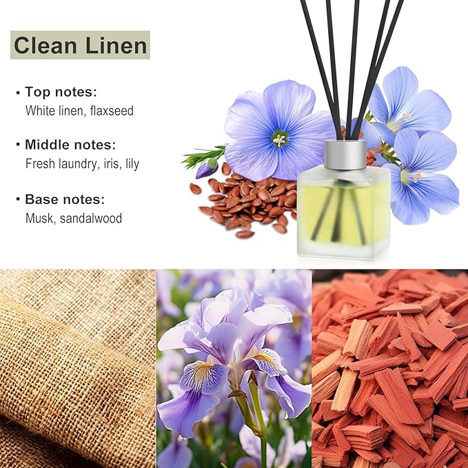 Reed Diffuser, Clean Linen Scented Oils, Air Freshener Essential Oil Set with Diffuser Sticks, 3.4 oz Long Lasting Home Fragrance for Bedroom Office Shelf Bathroom Decor (1-Pack)
