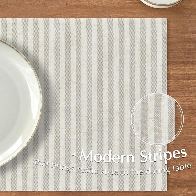 JINCHAN Linen Striped Placemats Set of 4 Gray Farmhouse Cloth Place Mats Sturdy Table Mats Soft Washable Placemats for Kitchen Dining Table Double Layer Heat Resistant Tablemats 13x19 Inch Grey