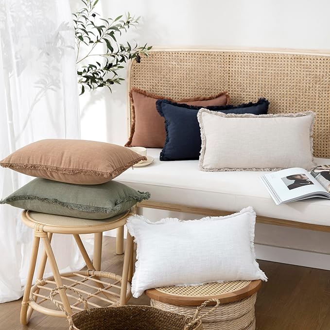 Foindtower Set of 2 Decorative Linen Fringe Lumbar Throw Pillow Covers Boho Farmhouse Cushion Cover with Tassels Soft Accent Pillowcase for Sofa Couch Living Room Home Decor,12×20 Inch,Cream White