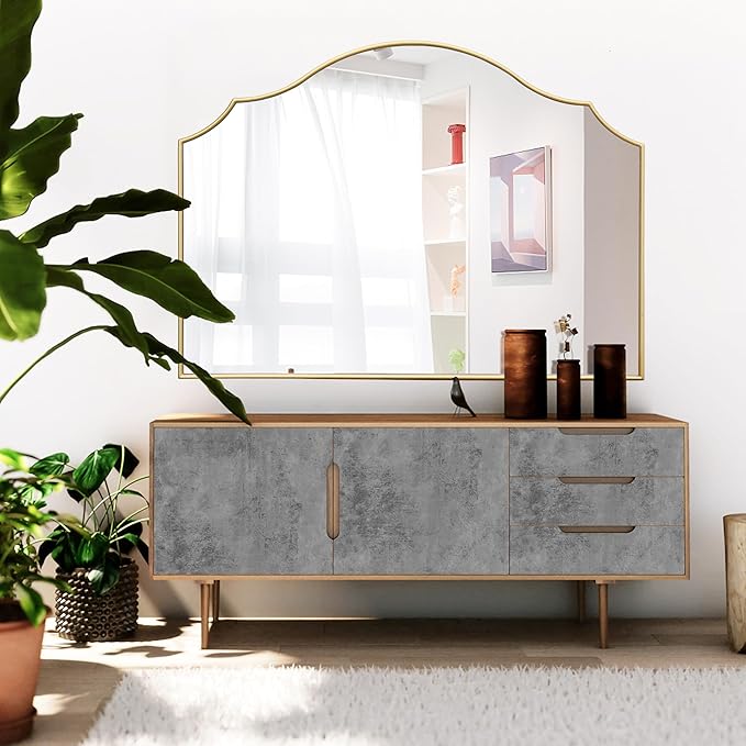 Gold Scalloped Wall Mirror: 40"x29" Large Modern Minimalist Vanity Arched Mirror for Home Decor/Living Room/Bedroom/Fireplace/Mantle/Entryway