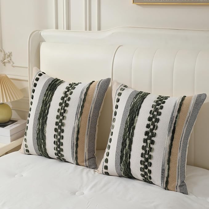 Boho Pillow Covers 18x18 Set of 2 for Couch-Modern Farmhouse Sofa Green Decorative Throw Pillow Covers Textured Chenille Cushion Covers Outdoor Netural Bohemian Bed Pillow Cases Square