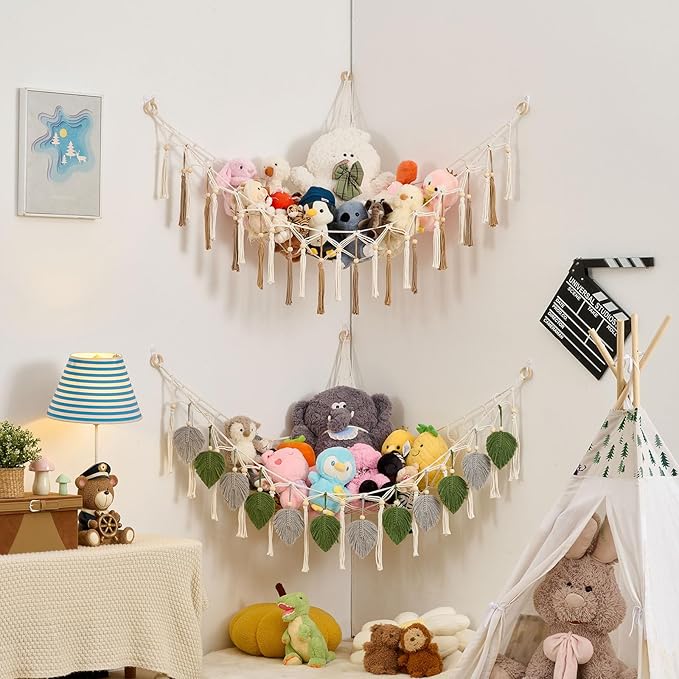 Pretty Jolly Macrame Leaf Wall Hanging Storage Hammock, 59" Boho Corner Organizer with Tassels, Stuffed Animal Plush Holder for Kids Room Nursery Decor (Avocado Green & Light Grey)
