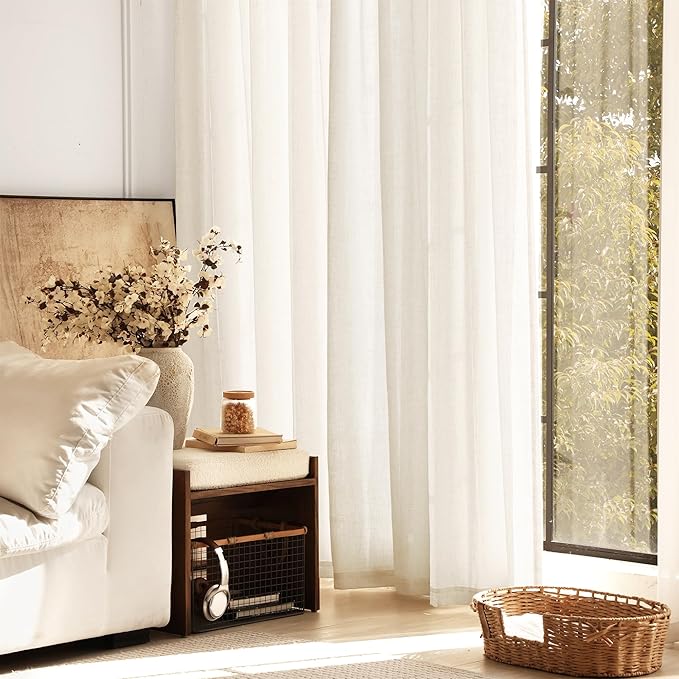 2 Panels Set Cream Linen Curtains 108 inches Long For Living Room Neutral Farmhouse Light Filtering Semi Sheer Linen Drapes 108 inch Ceiling To Floor For Large Window Villa Hallway Ivory FT 42x108