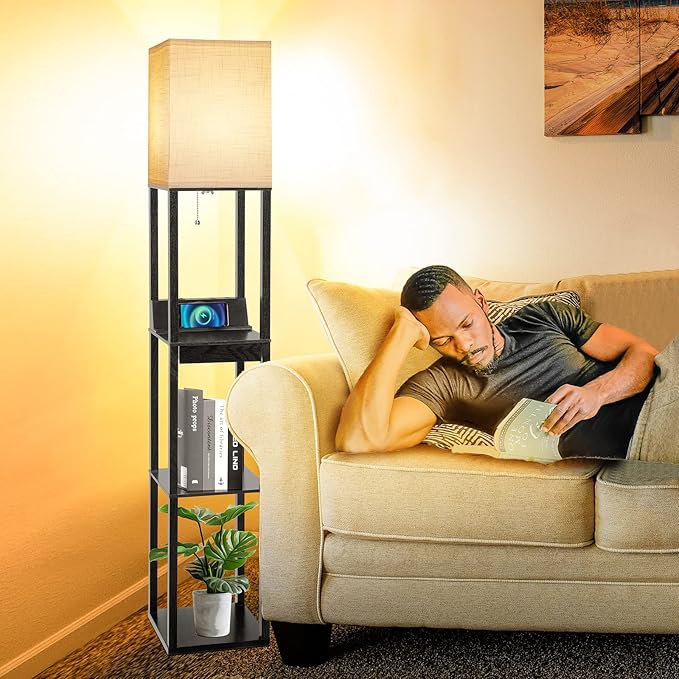 Floor Lamp with Shelves, RUNTOP LED Shelf Floor Lamp with Wireless Charger & 2 Charging USB Ports & Drawer, AC Outlet, 3 Color Temperature Tall Standing Lamp with Bulb for Living Room, Bedroom, Office