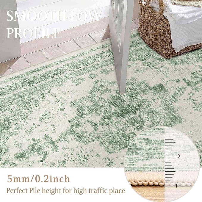 Area Rug 5x7 Washable Green Rug Vintage Boho Medallion Large Distressed Retro Carpet for Living Room Non Slip Indoor Low Pile Small Soft Bedroom Dining Room Home Office