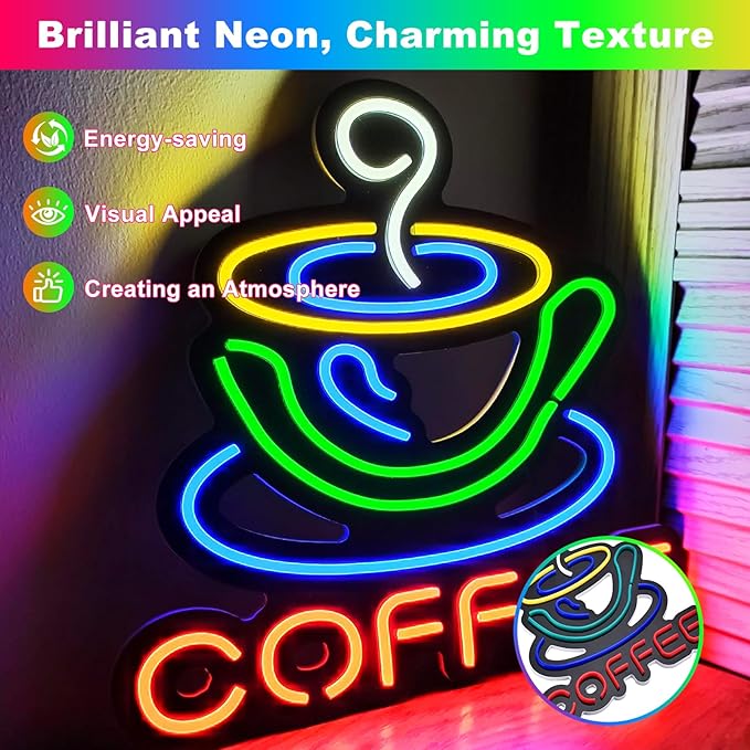 Coffee Neon Sign Led Neon Signs, Coffee Signs Led Dimmable Brightness USB Powered Cafe Neon Light Sign Wall Decor For Cafe Shop, Coffee Station,Coffee Bar,14.9 * 14.9 Inch