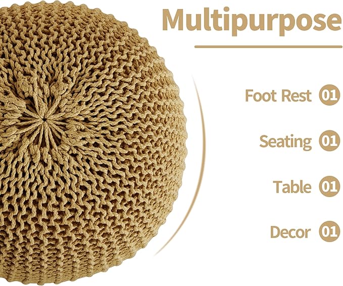 HOMBYS Unstuffed Ottoman Pouf Cover, 100% Cotton Handmade Knitted Ottoman Pouf Cover Round Foot Stool, Floor Bean Bag Chair, Foot Rest Storage for Living Room Bedroom, Ginger(Cover ONLY NO Filler)