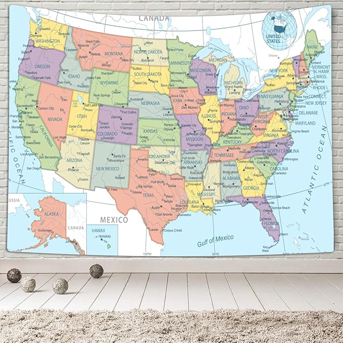 TOMOZ US Maps Classical Country Interior Decor, Educational Wall Hanging for Kids Student Bedroom Living Room 80 x 60Inch