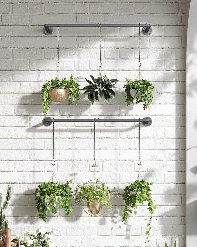 Plant Hanger Indoor, 2 Pack Hanging Planters Rod for Indoor Plants with 6 Hanging Chains, Wall Plant Hanging Rod for Window Ceiling, 38.2 Inch, Metal/Black, Pots Not Included