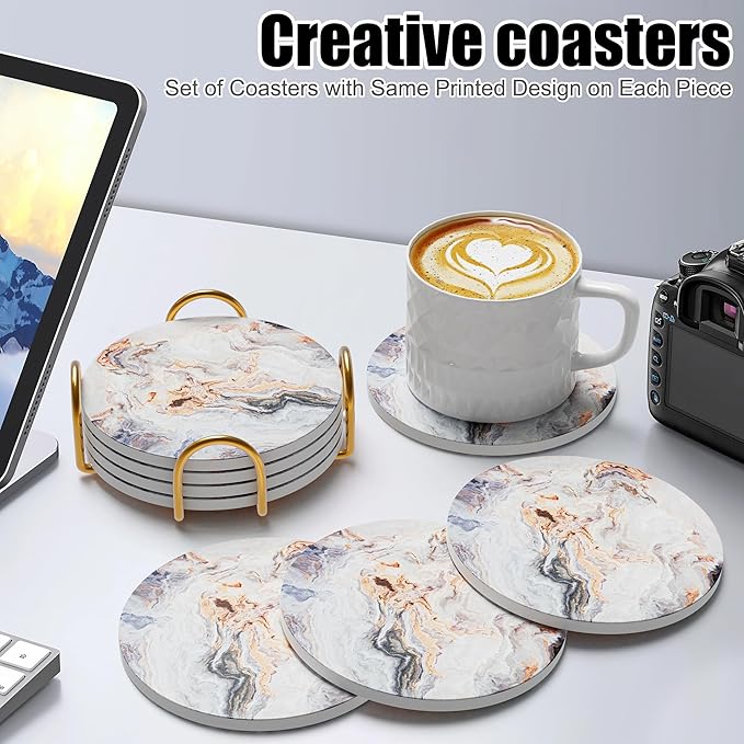 Coasters for Drinks Set of 4, Absorbent Abstract Sand Marble with Metal Golden Holder, Ceramic Coaster Set Cup Mat for Home Decor, Bar, Kitchen, Party