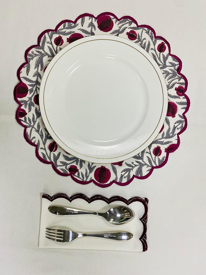 Ridhi Sangria Red Bo-ho Round Place Mat Double Layer Floral Cotton Washable Placemats 15" Round Embroidery Block Print Table Mat Pack of 4-15 Inch Round