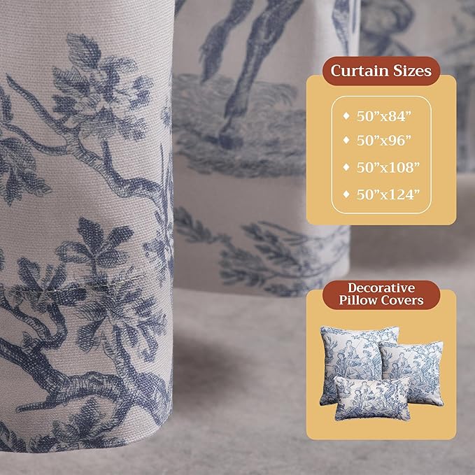Maison d' Hermine Curtains for Living Room 100% Cotton 124 inch Length One Panel Light Filtering Toile Curtains for Bedroom Windows with Rod and Loop Pockets Drapes (The Miller Denim, 50" W x 124" L)