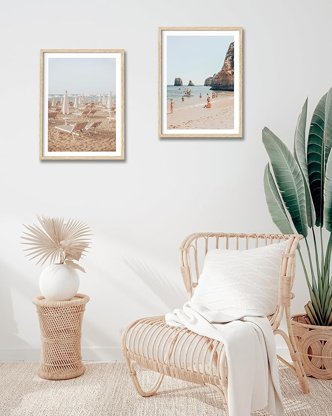 Natural OAK Wood Framed Italy Beach Wall Art,12x16in Amalfi Coast Canvas Wall Print,Positano Seascape White Beach Chair Wall Decor for Living Room, Bedroom,Office Gallery Set of 1