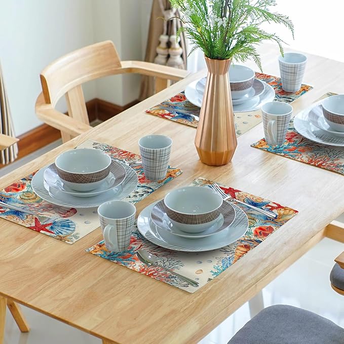 Giwawa 4PCs Summer Beach Placemats 12x18 Inch Ocean Coral Starfish Seashell Decorative Place Mat Vintage Nautical Collection Heat Resistant Table Mats for Kitchen Dining Party Seasonal
