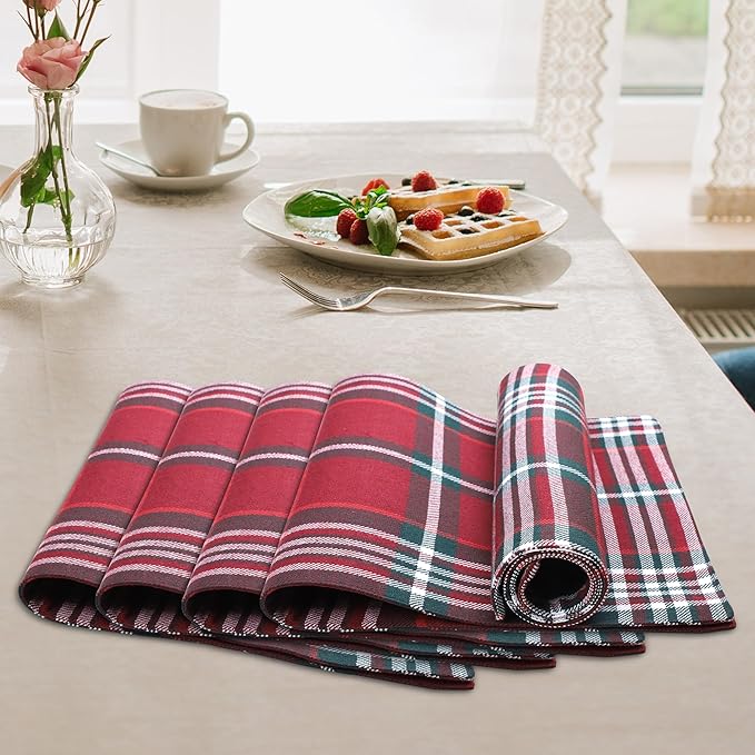 Urban VillaPlacemats Christmas Plaid 100% Cotton Fused Tablemats for Dining 14''x20'' Over Sized Set of 6 Placemats for Christmas Celebrations Wedding Parties Every Day Use Heavier QualityPlacemats