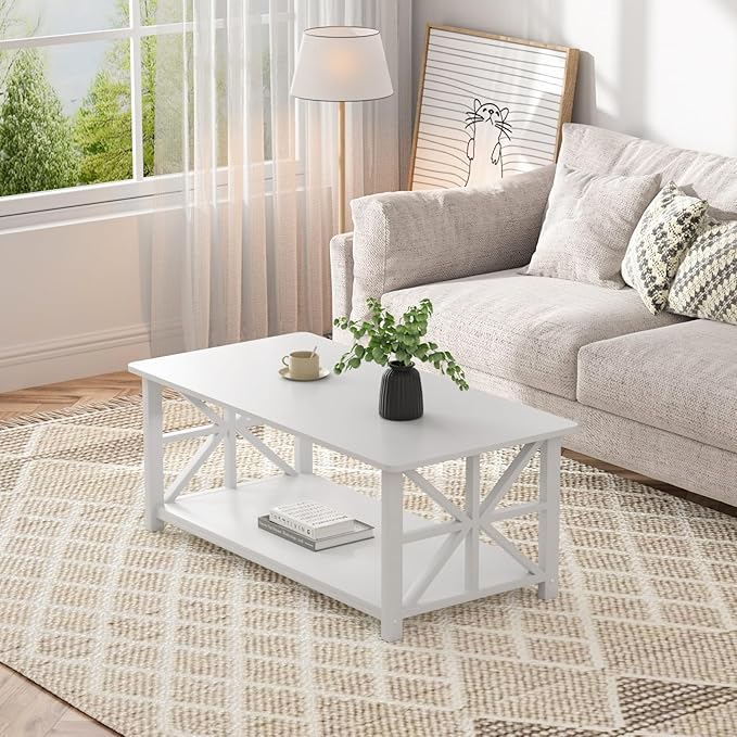 GreenForest Coffee Table for Living Room with Round Corners Farmhouse Style Center Table with Storage Shelf 39 Inch Space Saving Easy Assembly Full White