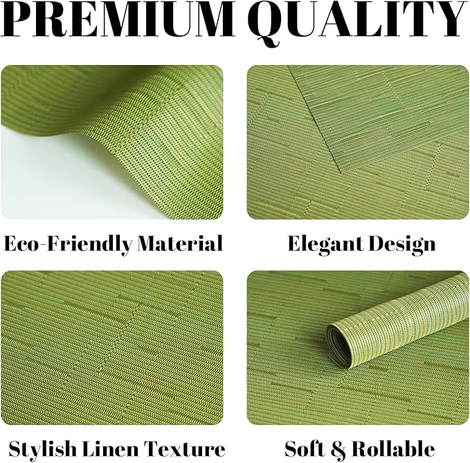 Placemats Set of 6 Vinyl/Plastic Woven Place Mats for Kitchen Table Indoor/Outdoor Washable Placemat Wipeable Dining Table Mats (Oliver Green,6)