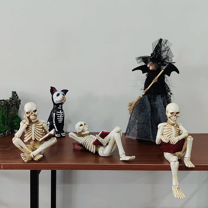 3 Psc Reading Skeleton Statue Gothic Horror Decor for Bookshelf and Desk Resin Figurine Halloween Decoration