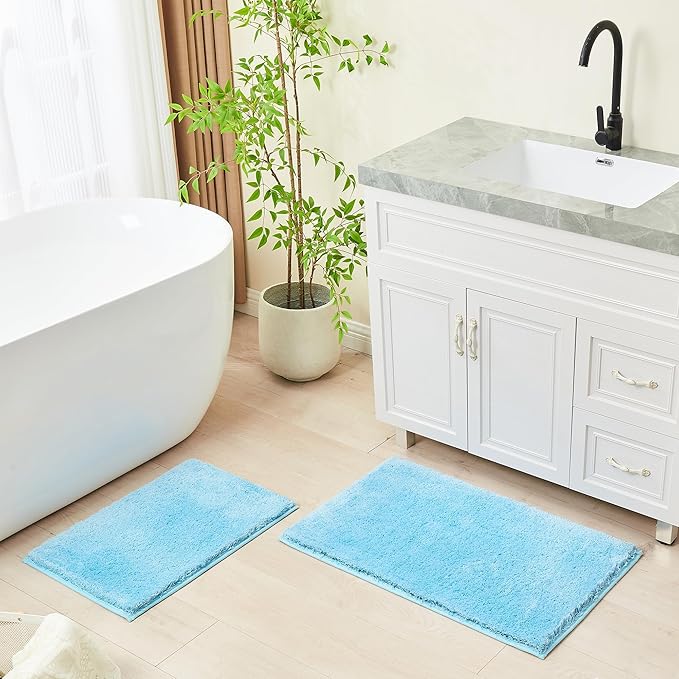 CozeCube Upgraded Shaggy Bath mat for Bathroom Non Slip 36" X 24", Super Soft Quick Dry Bath Rugs, Fluffy Plush Bathroom Rugs Machine Washable, Light Blue