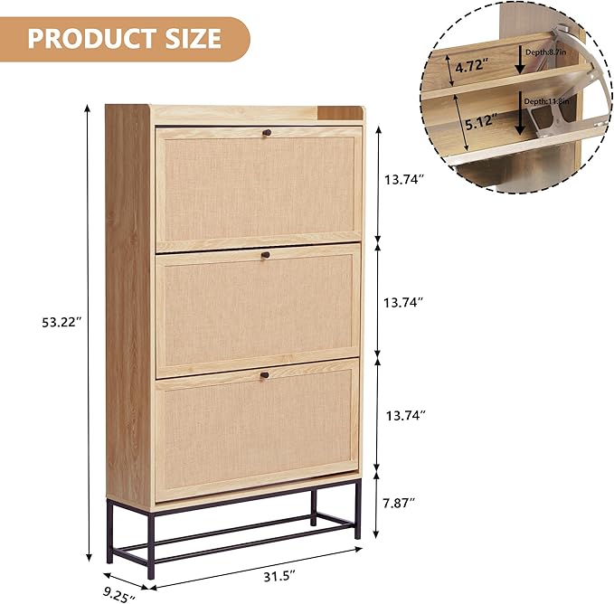 AVZEAR Narrow Shoe Storage Cabinet with 3 Flip Drawers, Freestanding Shoe Organizer Wooden Closed Shoe Rack, Slim Shoe Cabinet Storage for Entryway, Hallway, Living Room (Natural)