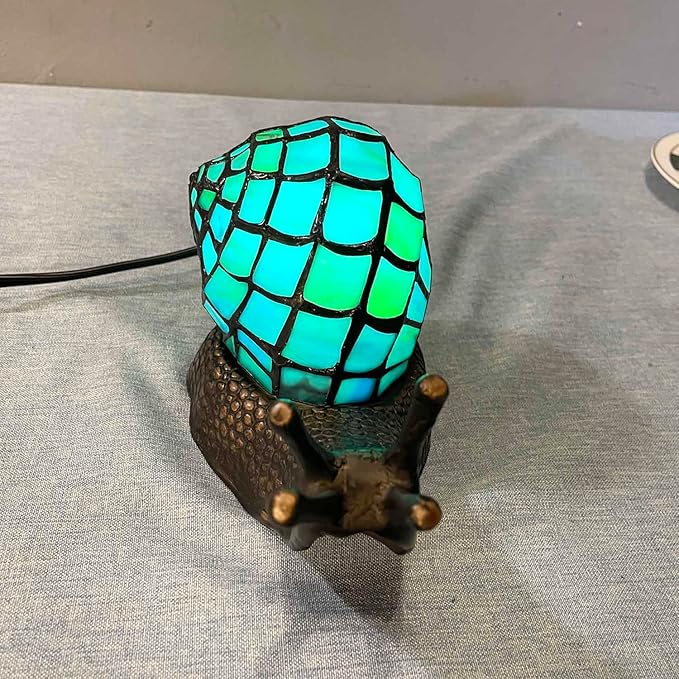 Bieye L10975 Land Snail Tiffany Style Stained Glass Accent Table Lamp for Home Decor (Cyan, 10" D x 5" W x 5" H)