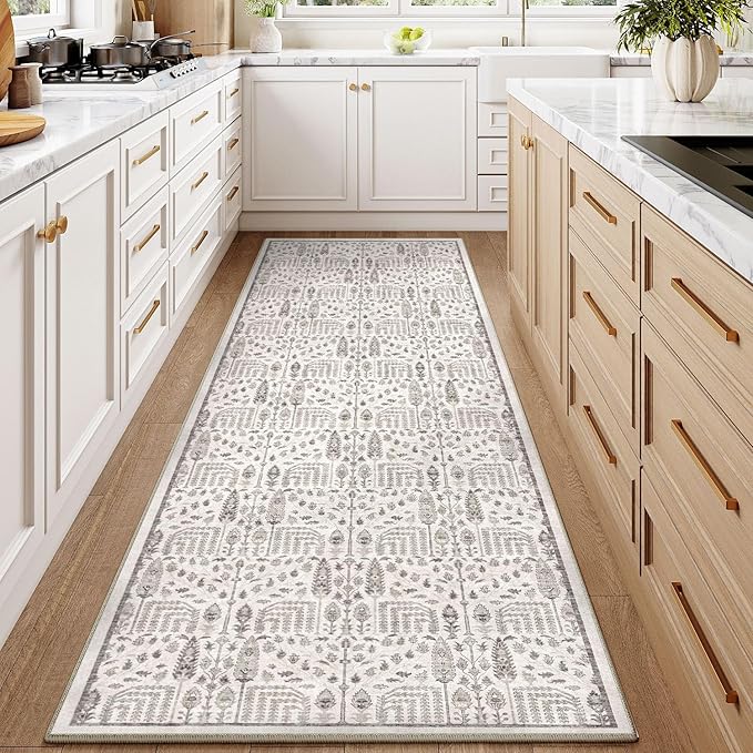 Hallway Runner Rug 2x6 Washable Grey Kitchen Carpet Non Slip Boho Thin Floral Farmhouse Throw Accent Long Rug for Laundry Bathroom Office Bedroom