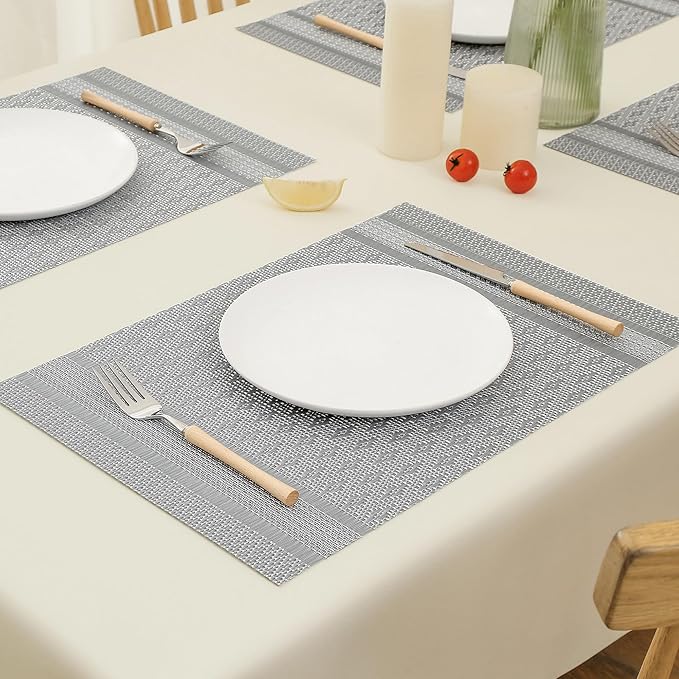 Leetaltree Lunar Grey Placemats Set of 6 - Heat Resistant Non-Slip Place mats for Dining Table, Washable Durable PVC Vinyl Woven Table Mats(Lunar Grey, 6)