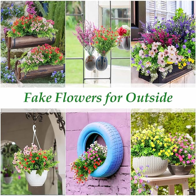 20 Bundles Realistic Artificial Flowers for Outdoors, UV Resistant No Fade Fake Flowers with Plastic Faux Shrubs Plants for Garden Patio Porch Window Box Home Wedding Farmhouse Outside Hanging Decor