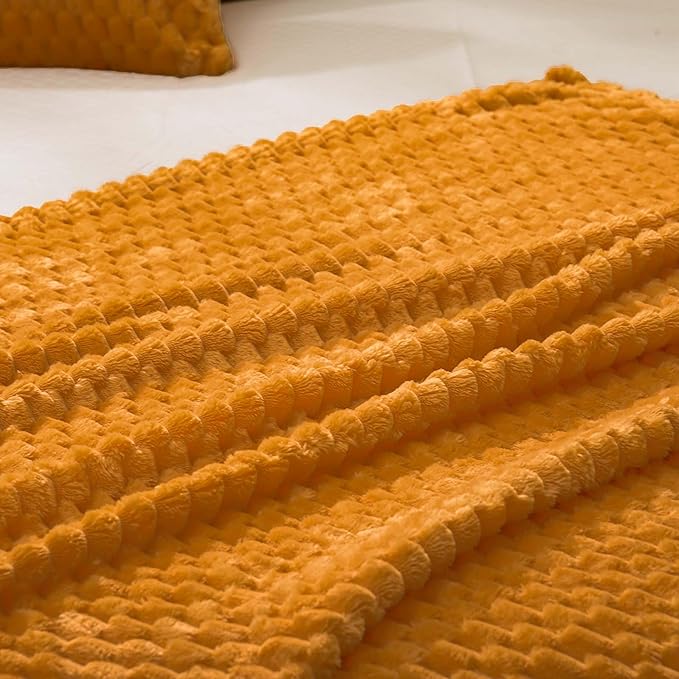 Vessia Flannel Fleece Throw Blanket(50x70 inch), 3D Jacquard Yellow Fuzzy and Warm Blanket for Couch,Sofa,Bed,Chair, 300GSM Super Soft Touch Cozy Lightweight Mustard Throw for All-Season Home Decor