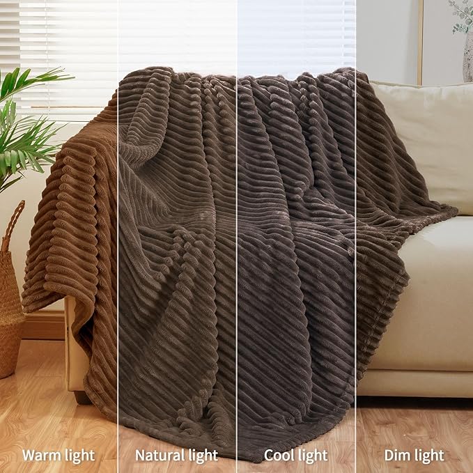 Bnuitland Brown Flannel Throw Blanket (90X108 inches) with Storage Pouch, 300GSM Super Soft Lightweight Cozy Fleece Stripe Pattern for Bed Sofa Home Decor, Suitable for Adults All Season