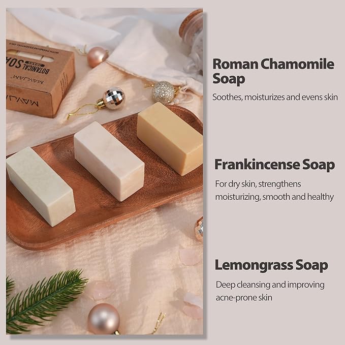 3 PC Clean Bar Soap with Vitamin E Olive Natural Essential Soap Bar Gift Set for Body Face Smooth Skin Bath Soap for All Skin Types Roman Chamomile,Frankincense ,Lemongrass Soap Handmade 3.5 Oz Each