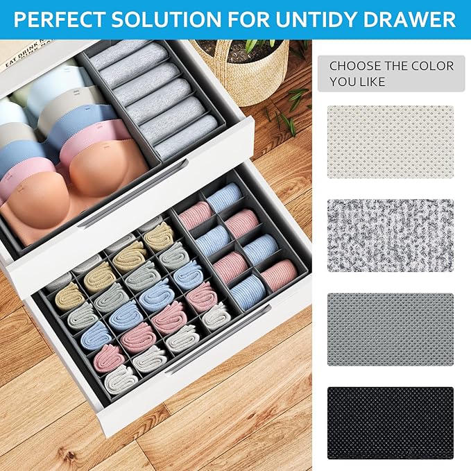Drawer Organizer Clothes - Foldable Underwear Organizer and Sock Organizer, Bra organizer Fabric Dresser Drawer Organizer Divider for Socks, Bra, Underwear, Tie, 4 Pack, Grey