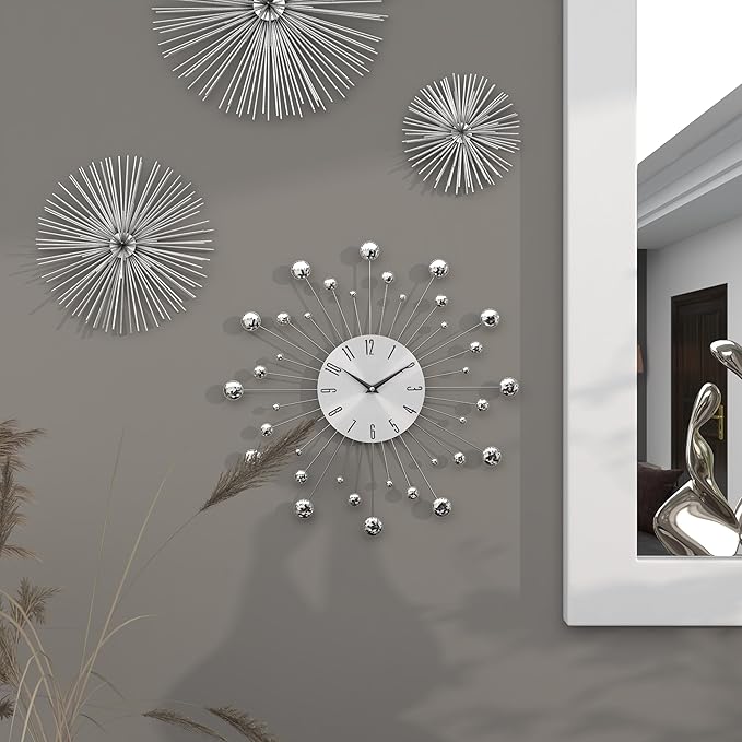 Deco 79 Metal Starburst Decorative Wall Clock With Crystal Accents for Home and Room, 15" x 2" x 15", Silver