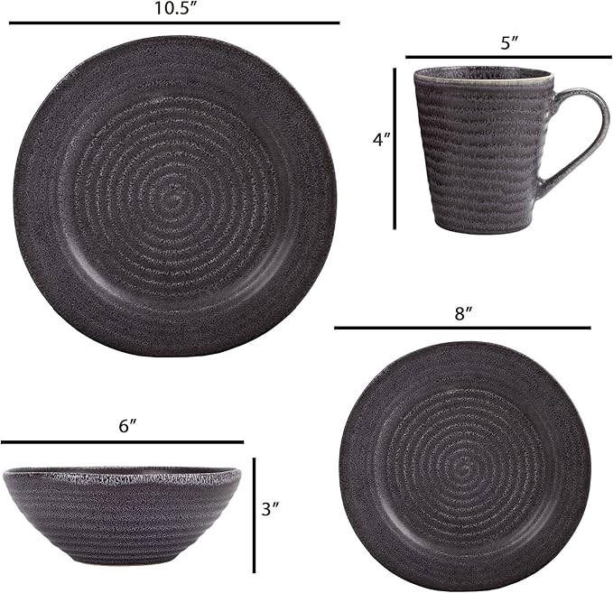 Elanze Designs Charming Chic Ribbed Modern Thrown Pottery Look Ceramic Stoneware Plate Platter Mug & Bowl Kitchen Dish Dinnerware 16 Piece Set - Service for 4, Charcoal Grey