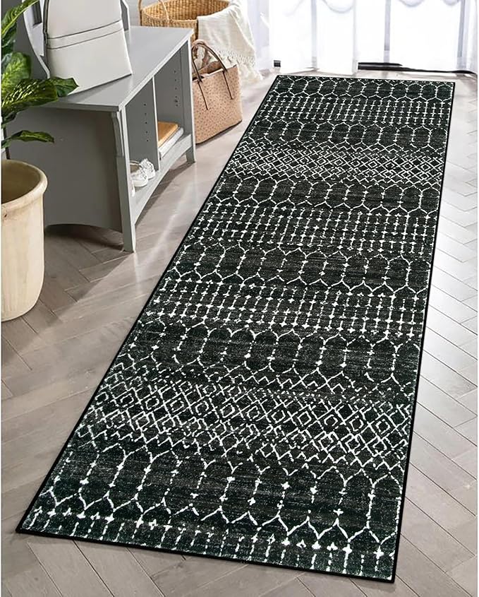 Lahome Moroccan Black Long Runner - Washable Hallway Rug, Ultra-Thin Non Slip Kitchen Runner, Soft Modern Print Indoor Floor Carpet for Entryway Stair (Black, 2'5''x12'')