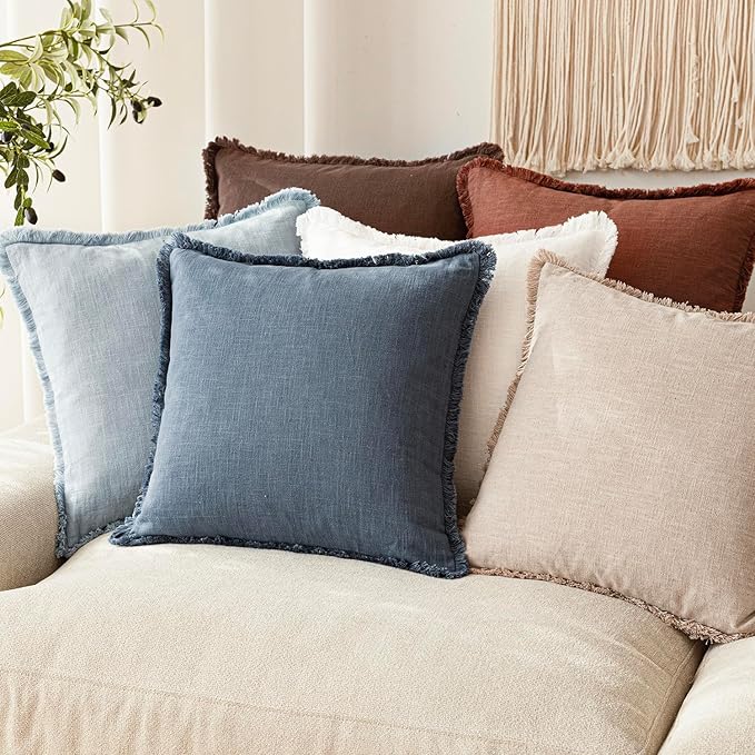 Foindtower Set of 2 Decorative Linen Fringe Throw Pillow Covers Boho Farmhouse Cushion Cover with Tassels Soft Accent Pillowcase for Couch Chair Sofa Bed Living Room Home Decor,16×16 Inch,Sky Blue