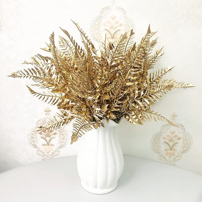 Artificial Plants Golden Boston Grass, For Christmas Decoration Fake Plant Leaf Bush Grass Fern Bushes Faux Shrubs Greenery Indoor Outside Planter Filler Festival Home Garden Decor - Gold 2 Pack