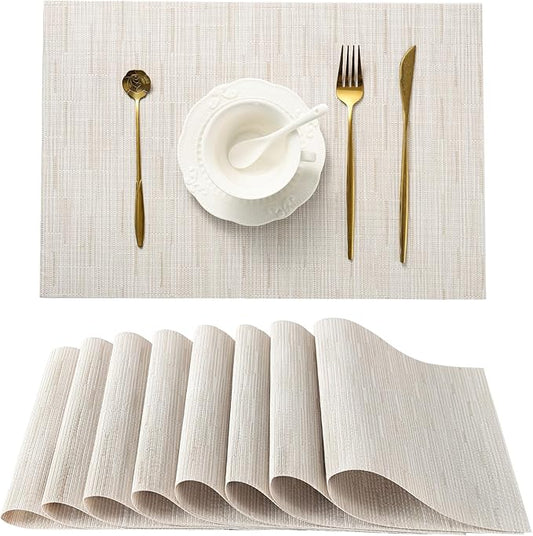Leetaltree Pale Beige Placemats Set of 8 - Heat Resistant Non-Slip Place mats for Dining Table, Washable Durable PVC Vinyl Woven Table Mats(Pale Beige, 8)