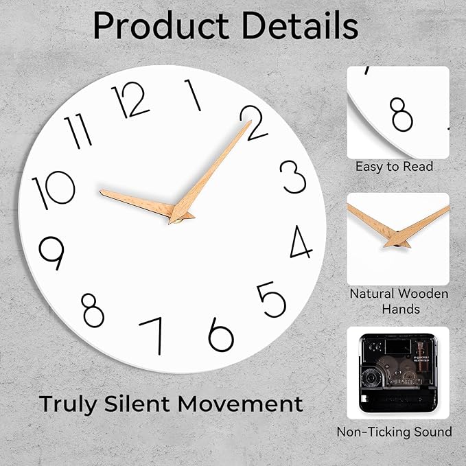 Wall Clock, White Silent Non-Ticking, Decorative Battery Operated Wall Clocks for Bedroom, Kitchen, Home, Office, School, Hotel (8 Inch)