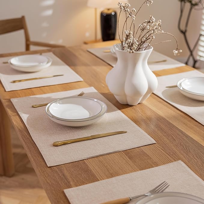Demetex Linen Placemats Set of 8 Modern Beige Place Mats Heat Reasistant Washable Table Placemat for Dining Room Restaurant Indoor, 13x19 inch, Light Linen