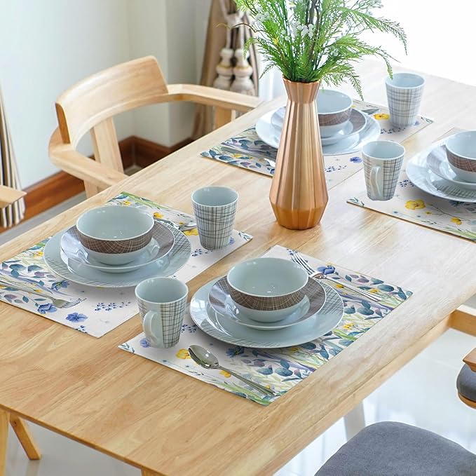 Watercolor Floral Placemats Set of 4 Blue Yellow Poppy Flowers Washable Non-Slip Heat Resistant 12×18 Inch Spring Summer Seasonal Linen Fabric Table Mats for Kitchen Dining Table