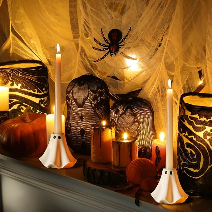 2 Pcs Halloween Ghost Candlestick Holders Cute Ghost Shape Candle Stick Holders Ceramic Taper Candle Holder for Halloween Wedding Party Holiday Office Home Decor Gift